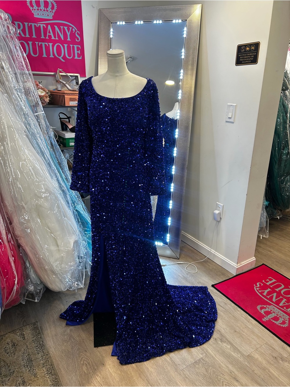 Sequin Scoop Neck Sequin Gown in Sapphire